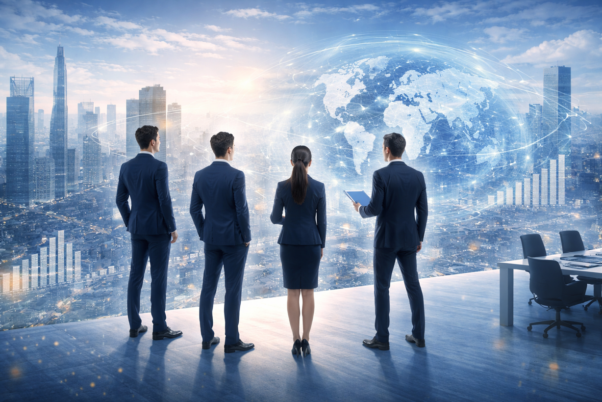 夜景を背景にノートパソコンとデスクが置かれた研修事業部のイメージ